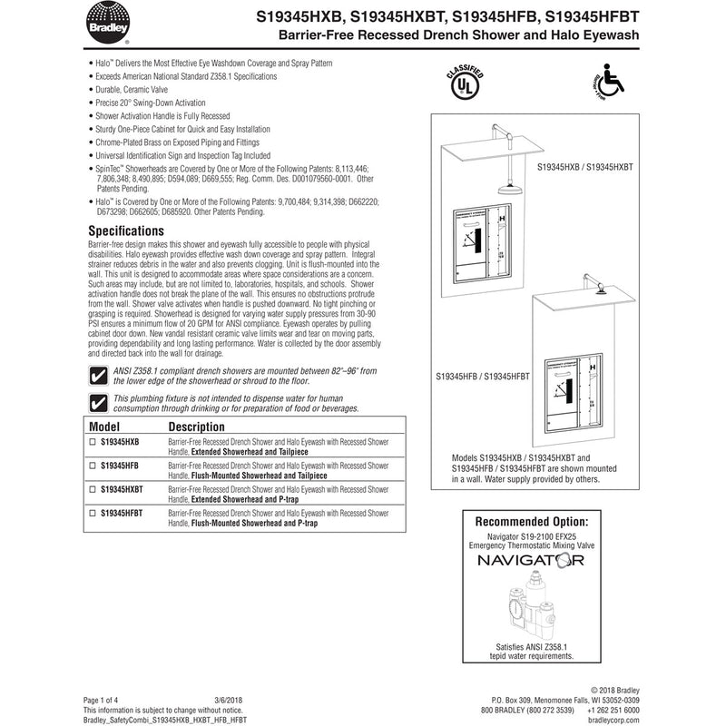 Bradley S19345HXBT Barrier-Free Recessed Drench Shower and Halo Eyewash w/ Recessed Shower Handle - Extended Showerhead and P-Trap