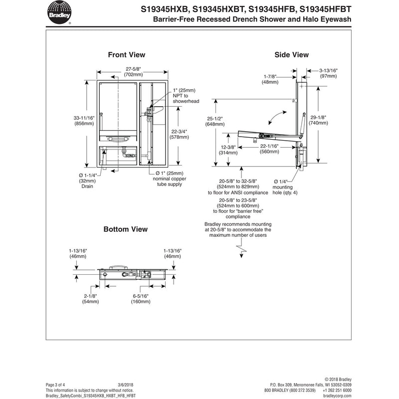 Bradley S19345HXBT Barrier-Free Recessed Drench Shower and Halo Eyewash w/ Recessed Shower Handle - Extended Showerhead and P-Trap