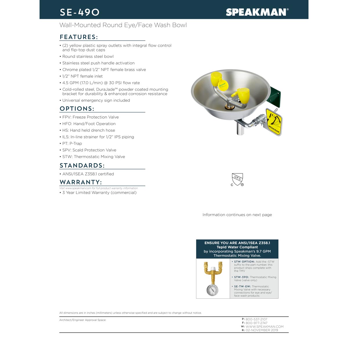 Speakman Traditional Series SE-490-STW Wall Mounted Eye/Face Wash with Stainless Steel Bowl and Thermostatic Mixing Valve - SE-490-STW