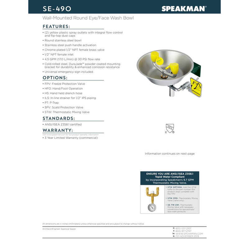 Speakman Traditional Series SE-490-STW Wall Mounted Eye/Face Wash with Stianless Steel Bowl and Thermostatic Mixing Valve - SE-490-STW