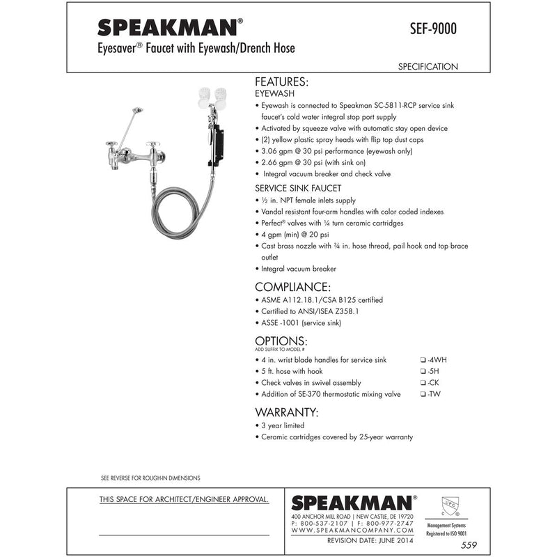 Speakman Eyesaver SEF-9000-TW-CK Service Sink Eyewash Faucet with Eyewash Thermostatic Mixing Valve - SEF-9000-TW-CK
