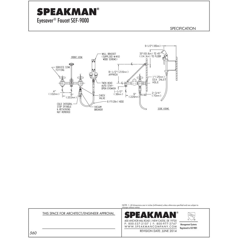 Speakman Eyesaver SEF-9000-5H Service Sink Eyewash Faucet W/5 ft. Hose - SEF-9000-5H