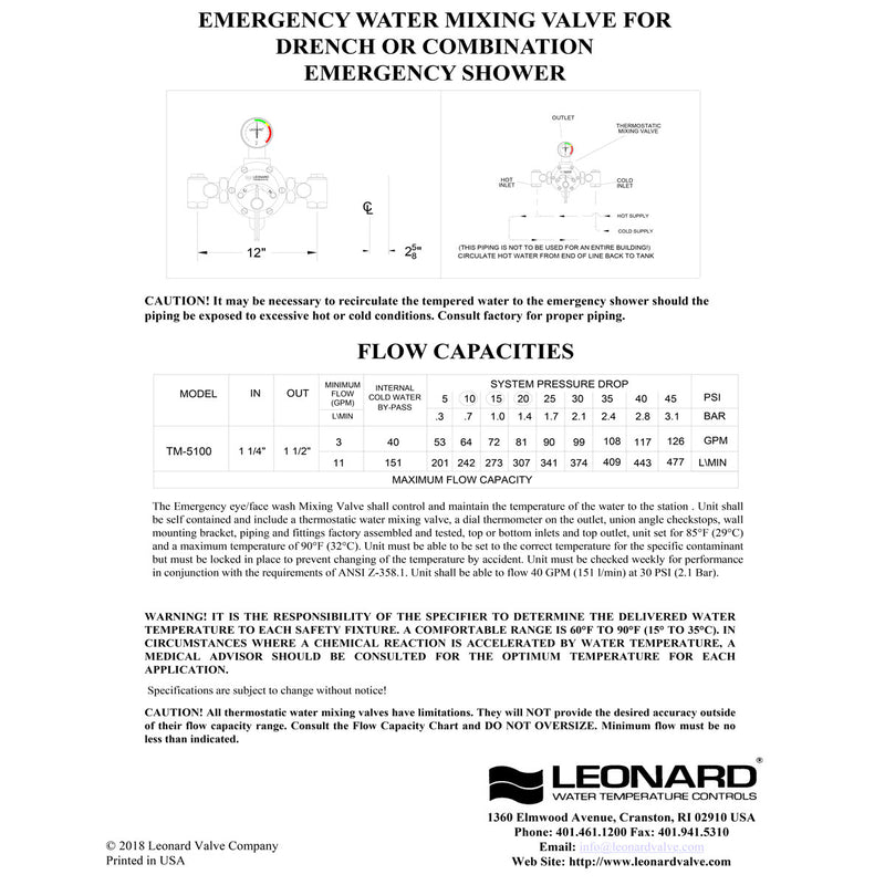 Leonard LF Multiple Drench or Combination Emergency Shower Thermostatic Mixing Valve, 40 GPM - TM-5100-LF