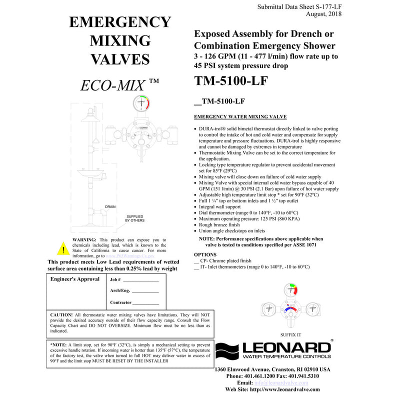 Leonard LF Multiple Drench or Combination Emergency Shower Thermostatic Mixing Valve, 40 GPM - TM-5100-LF