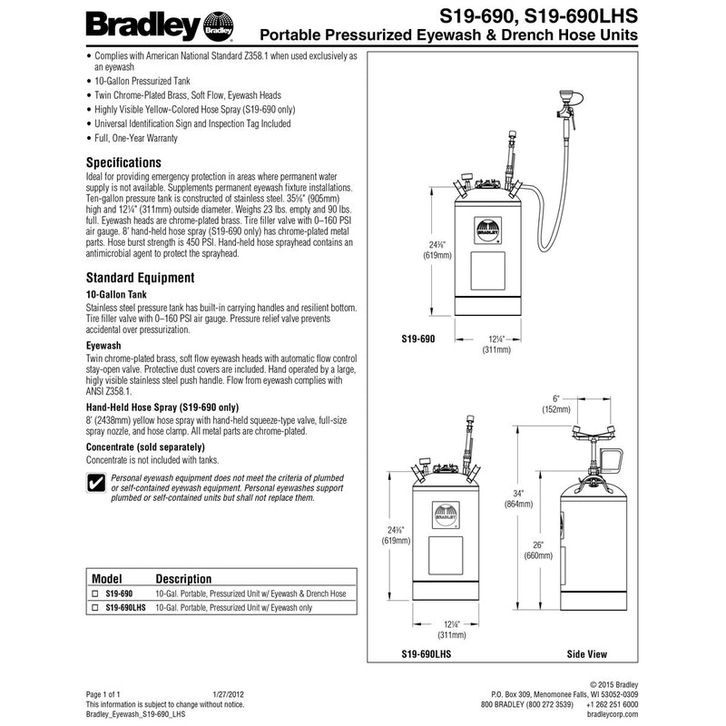 Bradley S19-690 Portable Eyewash And Drench Hose Station 10 Gallon