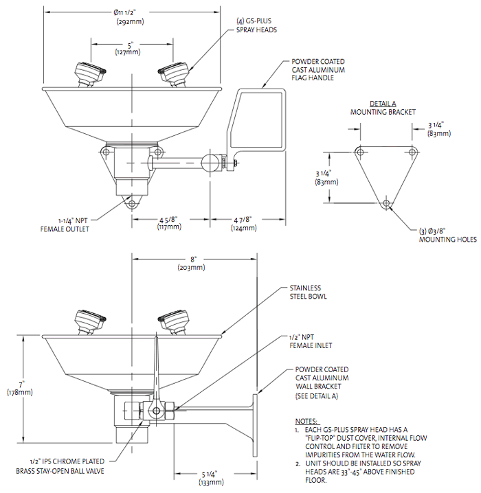 Guardian G1724 Eye/Face Wash Station, Wall Mount, Stainless Steel Bowl