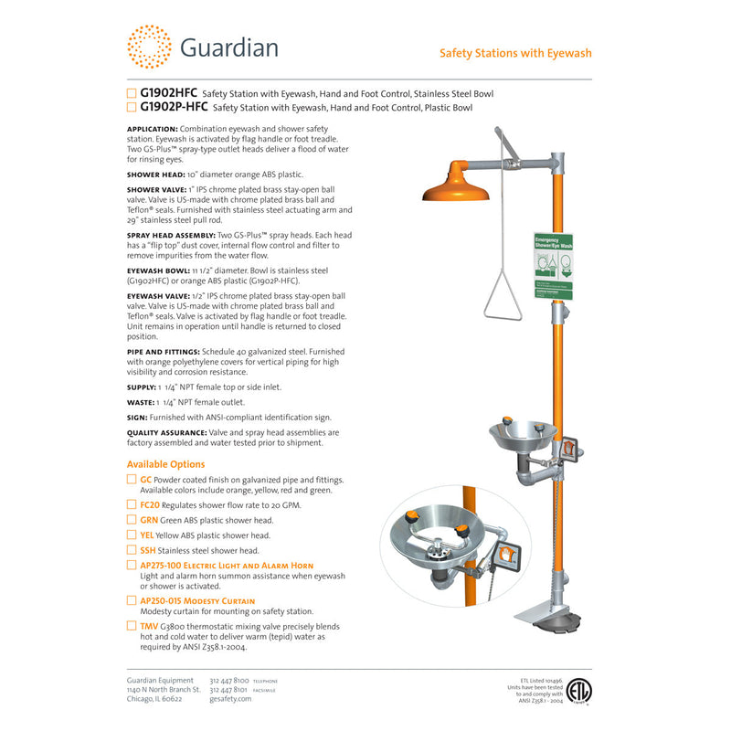 Guardian G1902P-HFC Safety Shower with Eyewash Station, Hand/Foot Control, Plastic Bowl