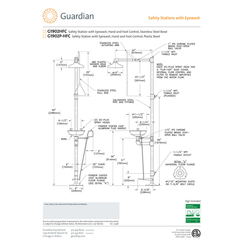 Guardian G1902P-HFC Safety Shower with Eyewash Station, Hand/Foot Control, Plastic Bowl