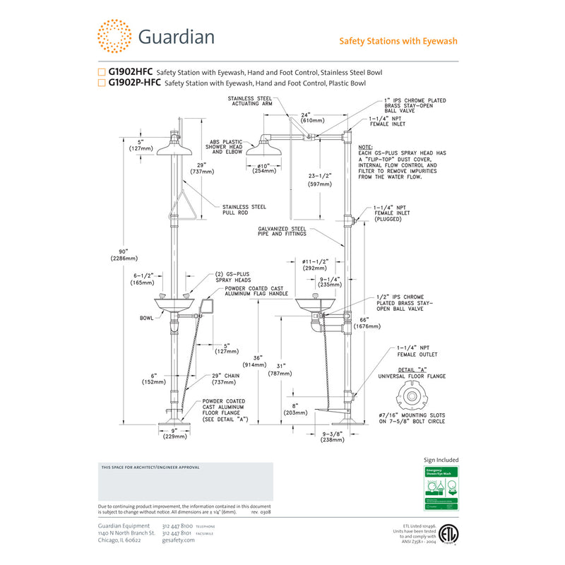 Guardian G1902HFC Safety Shower with Eyewash Station, Hand/Foot Control, Stainless Steel Bowl