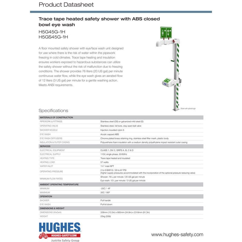 Hughes H5G45G-1H Outdoor Heat Traced (110 Volt) Freeze Protected Combination Safety Shower and Eye/Face Wash