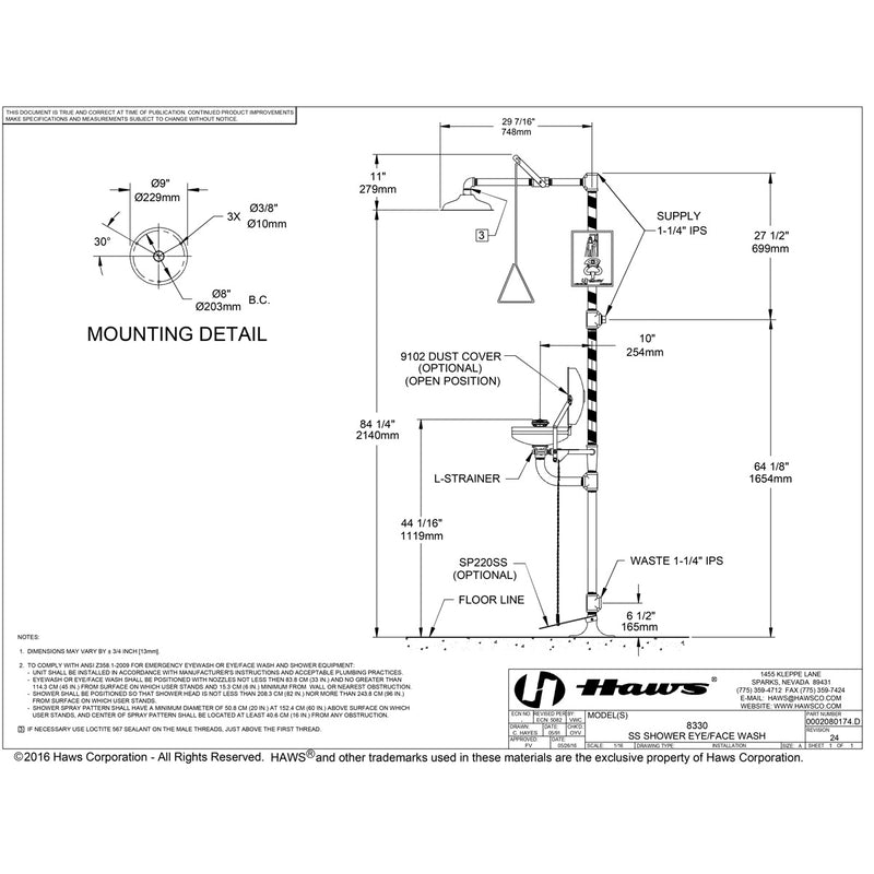 Haws 8330 Stainless Steel Combination Eyewash Station & Drench Shower