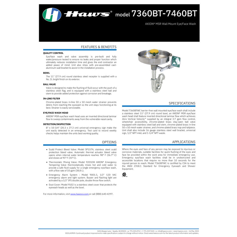 Haws 7360BT-7460BT AXION MSR Wall Mount Eyewash Station w/ Stainless Bowl & P Trap