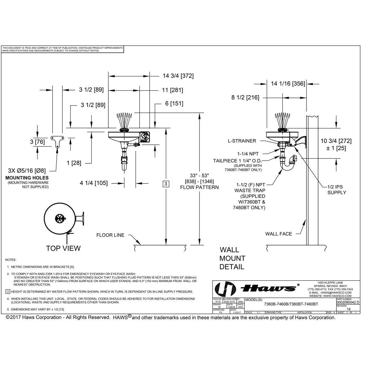 Haws 7360BT-7460BT AXION MSR Wall Mount Eyewash Station w/ Stainless Bowl & P Trap