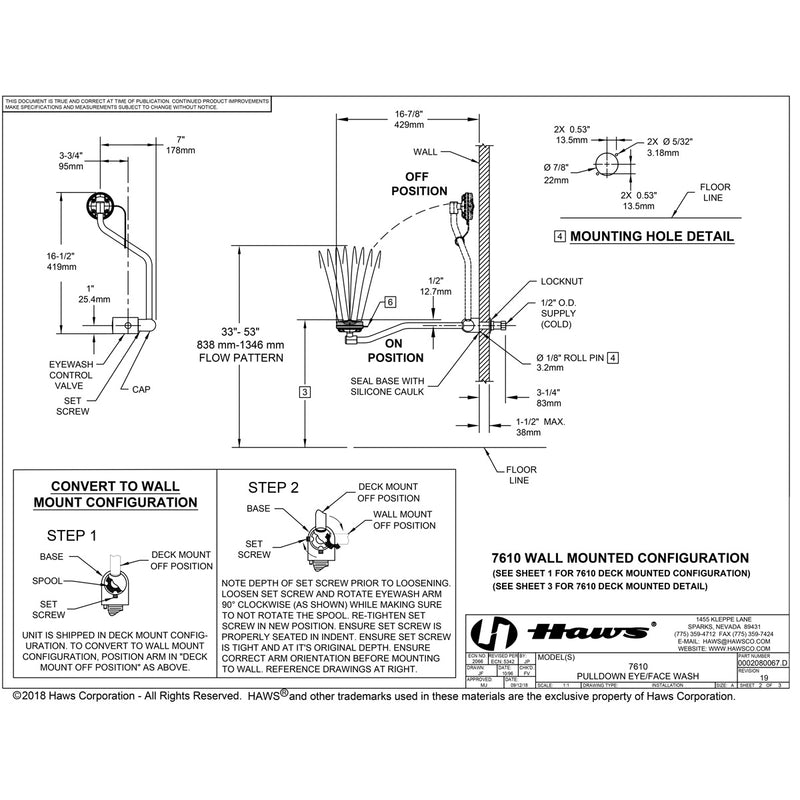 Haws 7610 Barrier Free Swing-Down Eyewash Station