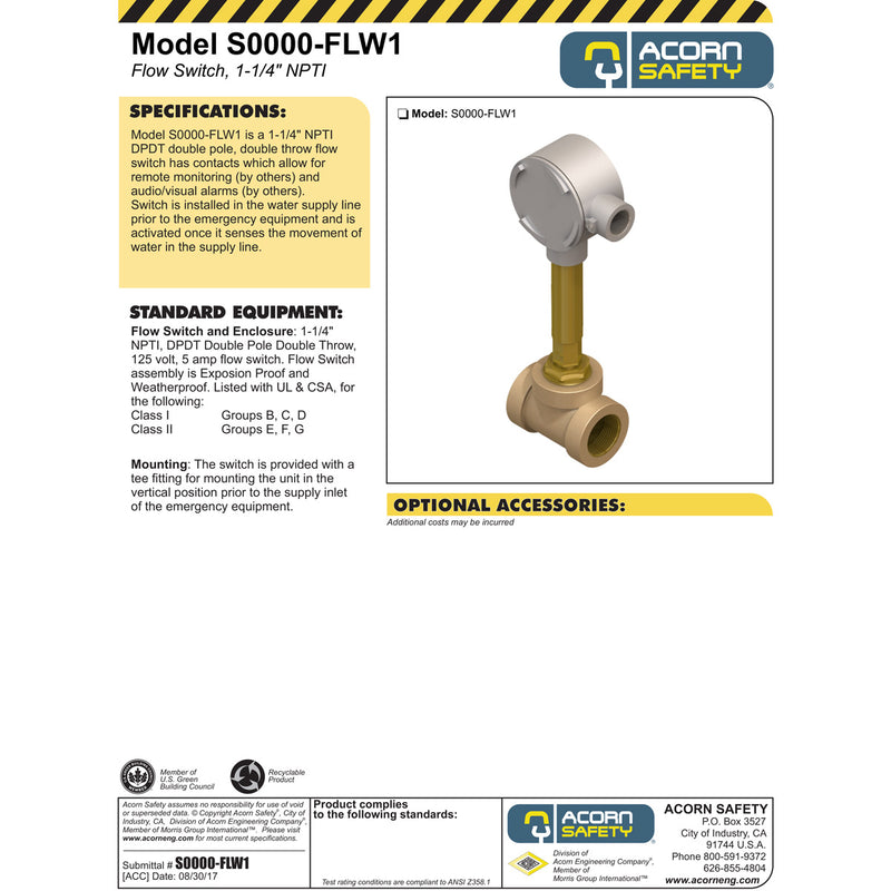 Acorn S0000-FLW1 Flow Switch, Single Pole for Drench Showers