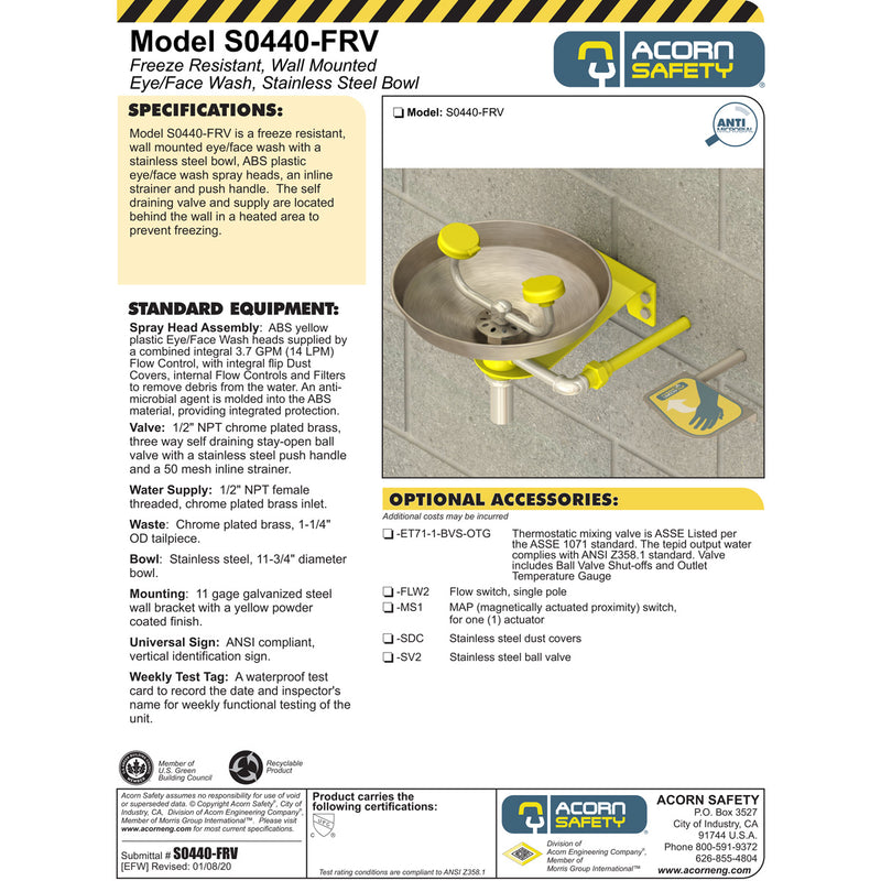 Acorn S0440-FRV Freeze Resistant Wall Mounted Eye/Face Wash Station