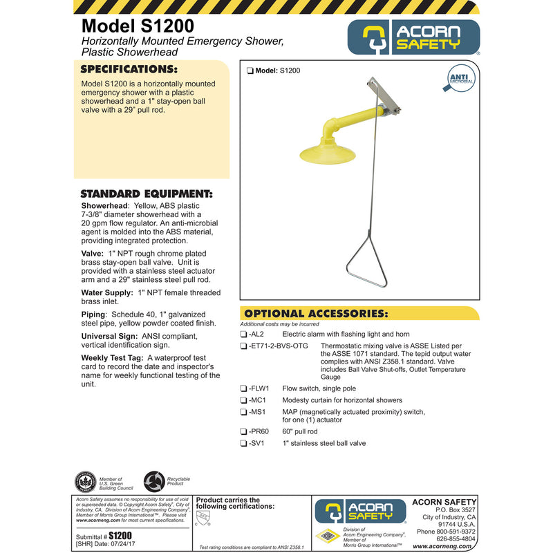 Acorn S1200 Horizontal Emergency Drench Shower w/  Plastic Showerhead