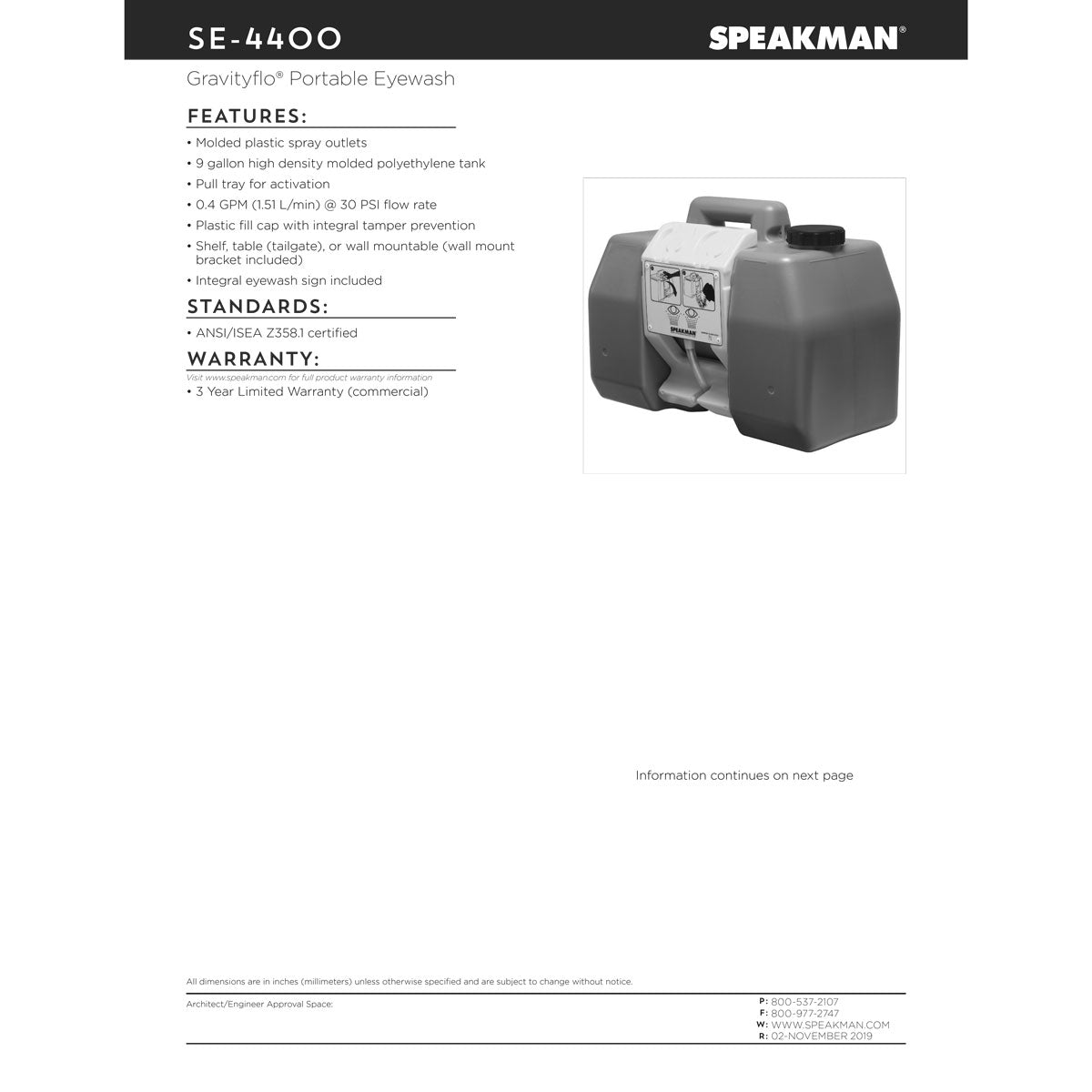 Speakman SE-4400 GravityFlo 9 Gallon Portable Eyewash